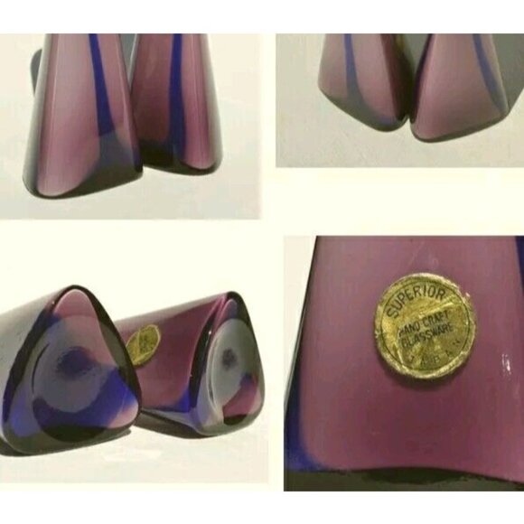 Vtg MCM Cased Glass Triangular Bud Pop Art Purple Bud Vase Japan 7.5"  READ - Picture 9 of 15